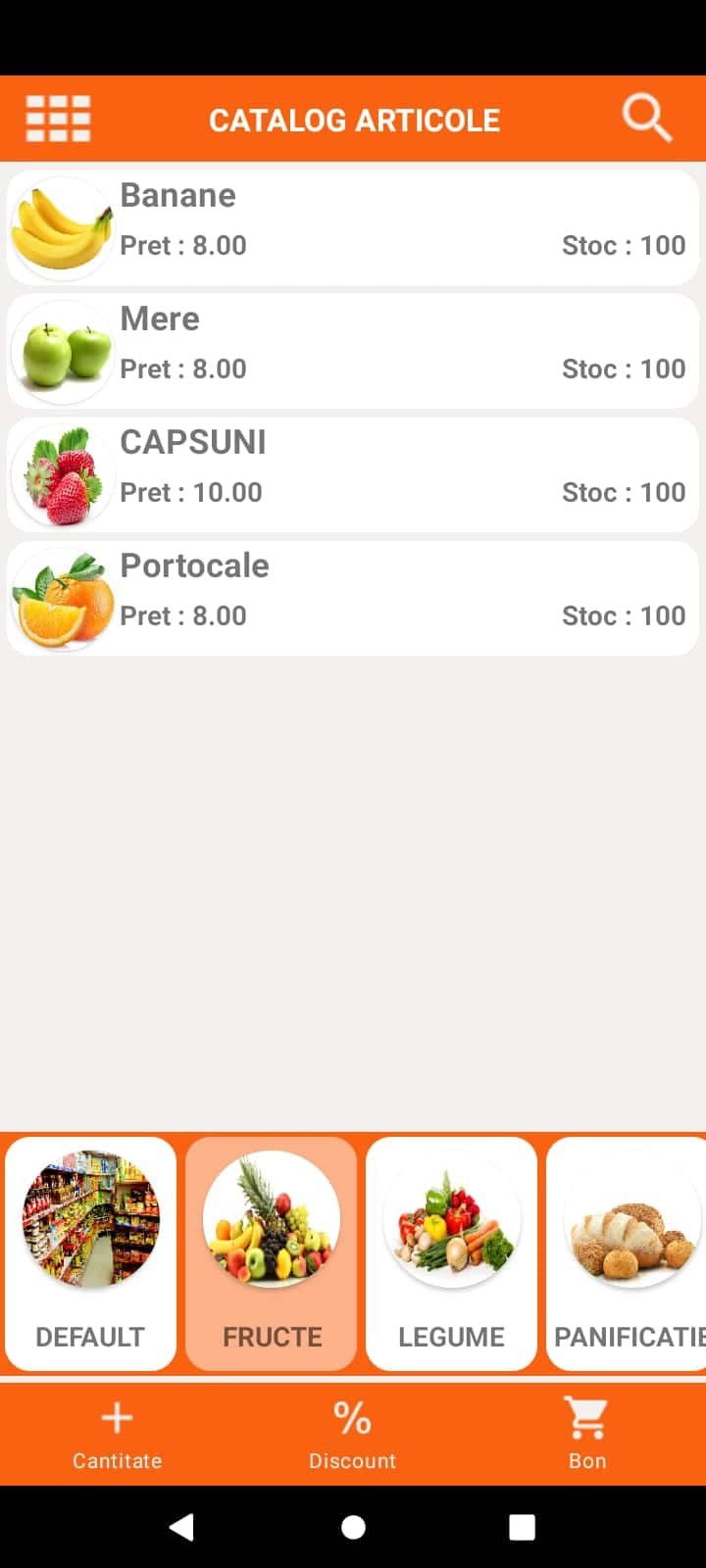 Aplicatie Vanzare Android PamPOS Selectie Articole